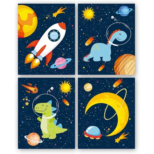 KAIRNE Dinosaur Outer Space Art Print, Solar System Planet Canvas Poster,Set Of 4 (8X10inch,Unframed) Animal Astronaut Wall Art For Kid Room Decor