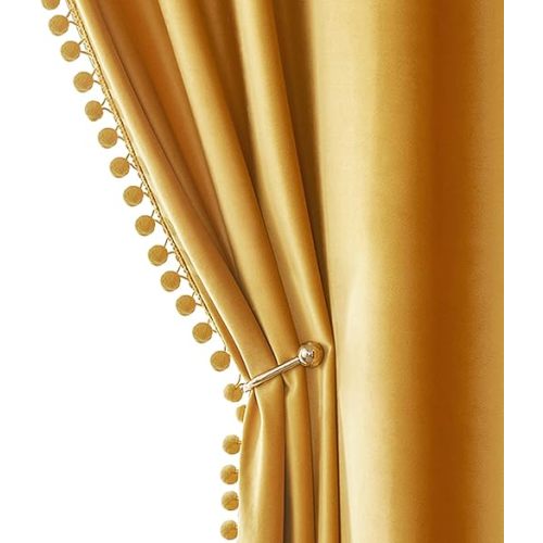 MIULEE Mustard Yellow Pom Pom Velvet Curtains for Fall Bedroom/Living Room Darkening Thermal Insulating 84 Inches Long Blackout Curtains with Rod Pocket for Kid Room/Nursery/Home Theater Set of 2