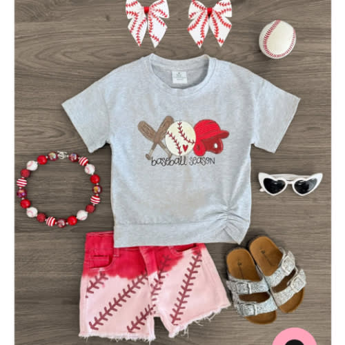 "Baseball Season" Gray & Red Ombre Denim Short Set | Sparkle In Pink