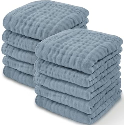 Baby Washcloths, Muslin Cotton Baby Towels 10 Pack Large 10”x10” Wash Cloths Soft on Sensitive Skin, Absorbent for Boys & Girls, Newborn Baby & Toddlers Bibs & Burp Cloths Essentials Set,Pacific Blue