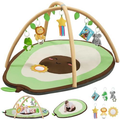 Baby Play Gym Mat & Activity Mat, Baby Tummy Time Mat, Large Avocado Shaped Playmat with 6 Detachable Toys for Motor Skills & Sensory Development, Washable Infant Baby Essentials,Light Green