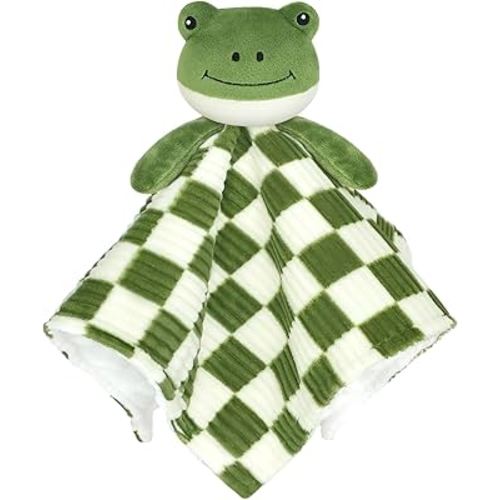 Baby Lovey Blanket for Boys Girls Super Soft Checkerboard Gingham with Minky Dot Fabric Backing Frog Stuffed Animal Lovely Snuggle Toy Green 14 Inch