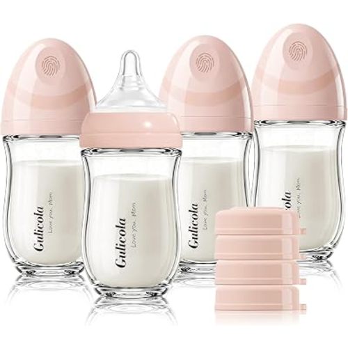 Gulicola Natural Glass Baby Bottle 4 Pack, Newborn Breastfeeding Bottles Set, Extra Slow Flow Nipples (SS), Anti Colic, 0 Months+, 5 oz - Pink