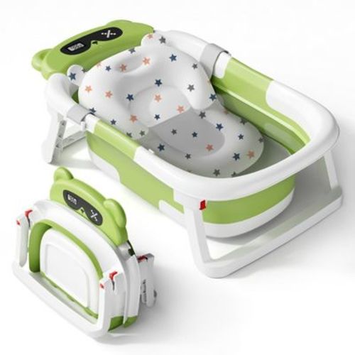 Babybond Collapsible Baby Bathtub For Infants And Toddlers With Thermometer& 1 Soft Floating Cushion Portable Travel Baby Tub,gray