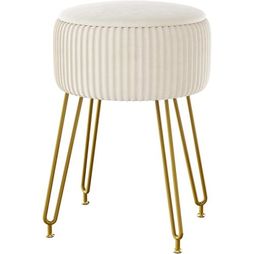 IBUYKE Velvet Storage Footrest Stool Ottoman, Makeup Vanity Stool Side Table with Golden Steel Legs Removable Cover, Coffee Table Top Cover, Creamy-White LG-20M