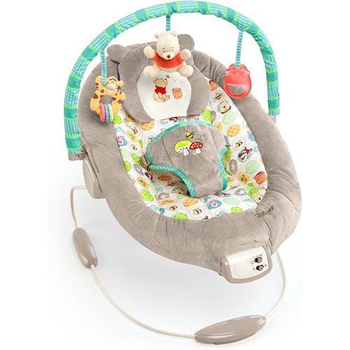 Bright Starts Winnie the Pooh Dots & Hunny Pots Baby Bouncer with Vibrating Infant Seat, Music & 3 Playtime Toys, 23x19x23 Inch