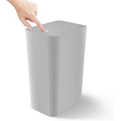 Cesun Bathroom Trash Can with Lid, 4.0 Gallon / 15 Liter Small Garbage Can with Press Top Lid, Plastic Wastebasket with Pop-up Lids for Toilet, Office, Bedroom, Living Room, Grey