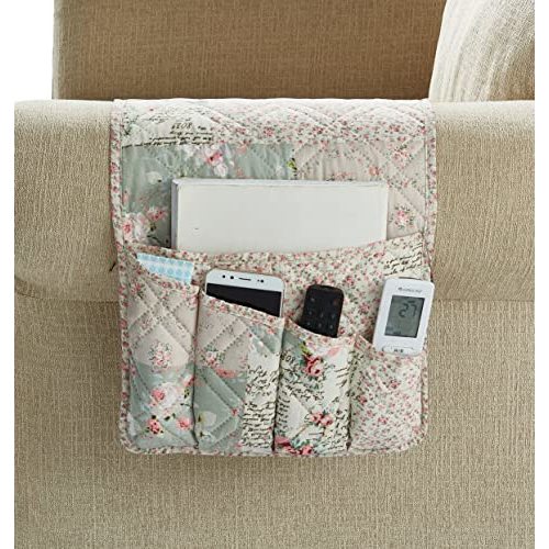 Brilliant Sunshine Roses and Sage Patchwork Couch Armrest 5 Pockets Organizer, Slip Resistant Armchair Caddy, Washable Remote Controls Holder, Storage for Magazine, Tablet, Phone, 35×13", Rose Green