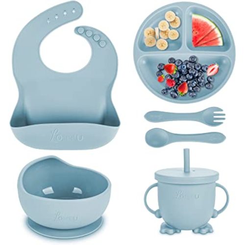 Silicone Baby Feeding Set|Baby Led Weaning Supplies Set|Suction Baby Plate Bowl Set with Bib Spoon Fork Sippy Cup|Baby Feeding Eating Supplies Set BPA Free