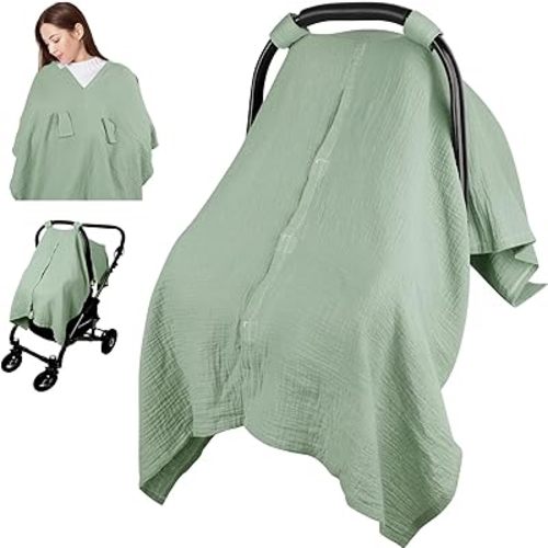 Muslin Car Seat Cover Baby Girls Boys, Summer Cotton Baby Car Seat Cover for Carseat, Comfortable Nursing Cover, Soft Baby Blanket, Breathable Lightweight Infant Stroller Canopy, Green