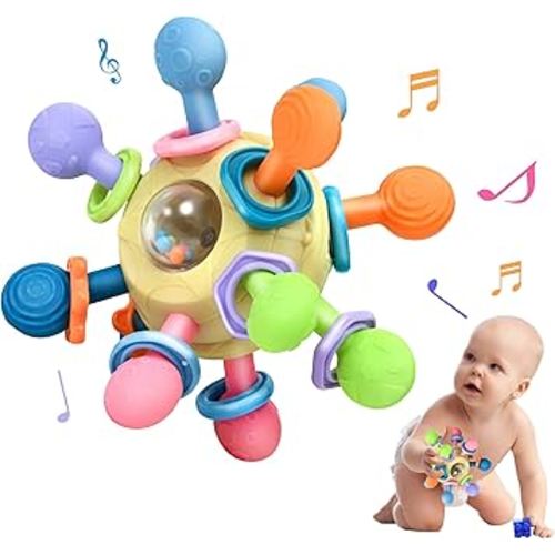 Baby Montessori Teething Toys for 0-6 6-12 Months Infant Teethers Sensory Toys for Babies 0 3 6 9 12 18 Months Learning Developmental Chew Rattle Toys Shower Gifts for 1 2 Year Old Girls Boys Yellow