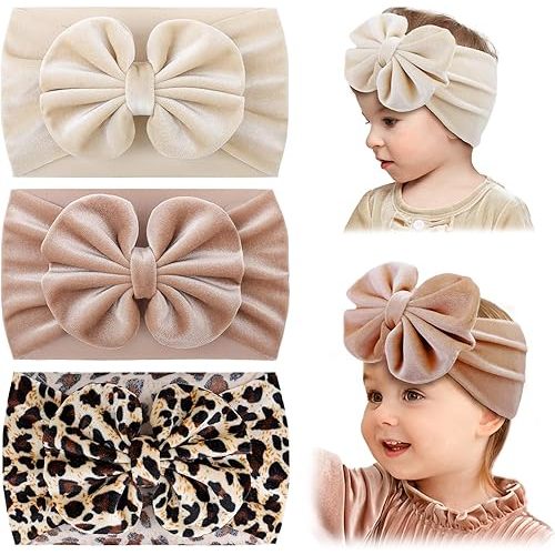 YanJie Baby Girl Headbands with Bows, Soft Elastics Handmade Velvet Hairbands and Accessories for Infant Toddlers Kids in Khaki, Beige, Leopard
