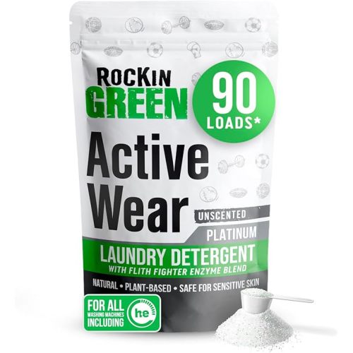 Rockin' Green Laundry Detergent, Plant based, All Natural Laundry Detergent Powder, Vegan and Biodegradable Odor Fighter, Safe for Sensitive Skin (Active Wear 90 Loads - Unscented)
