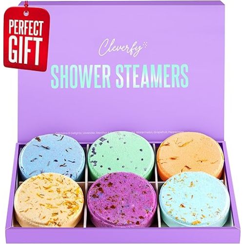Cleverfy Shower Steamers Aromatherapy - Variety Pack of 6 Shower Bombs with Essential Oils. Self Care Birthday Gifts for Women and Valentines Day Gifts for Her and Him. Purple Set