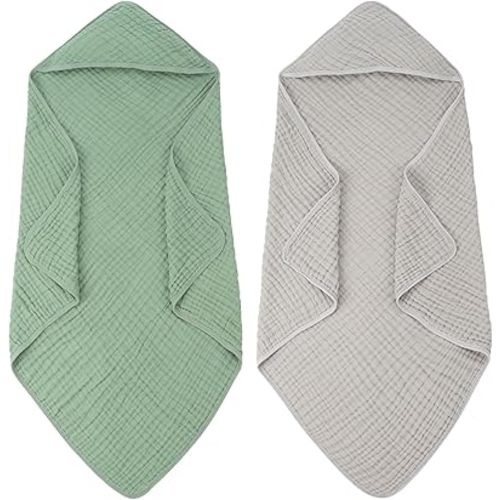 FUNUPUP Muslin Hooded Baby Towels 2 Pack Baby Bath Towels with Hood Baby Towels for Newborn, Infant, Toddler, Large 32x32 Inch Soft and Absorbent Baby Bath Essentials(Pink)