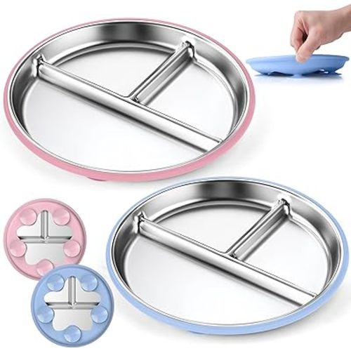 OVV Stainless Steel Kids Plates (2 Pack) 9 Inch Toddler Divided Plates with Removable Silicone Sleeves & 5 Suction Cups Baby Self Feeding | Mess-Free Mealtime | Dishwasher Safe