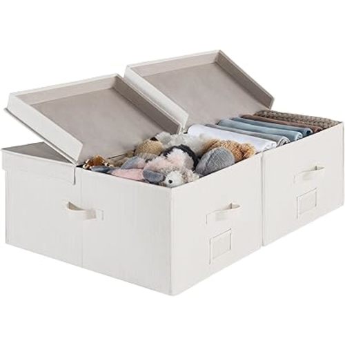 StorageWorks Extra Large Storage Bins with Lids, 55L Decorative Storage Bins with Double-Open Lid and Divider Board, Fabric Bins with Handles, Mixing of Beige, White & Ivory, 2-Pack