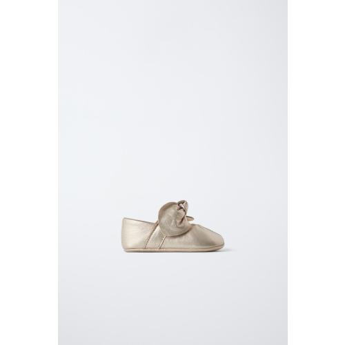 BOW TRIM LEATHER BALLET FLATS - Gold | ZARA United States