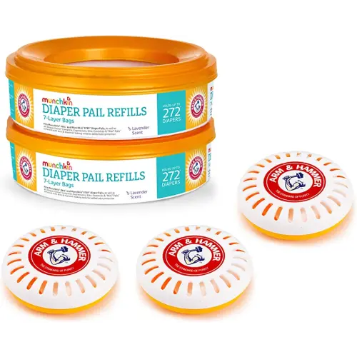 Munchkin® Arm & Hammer Diaper Pail Refill Rings, 544 Count, 2pk (272 Count Each) and 3pk Puck Baking Soda Cartridge