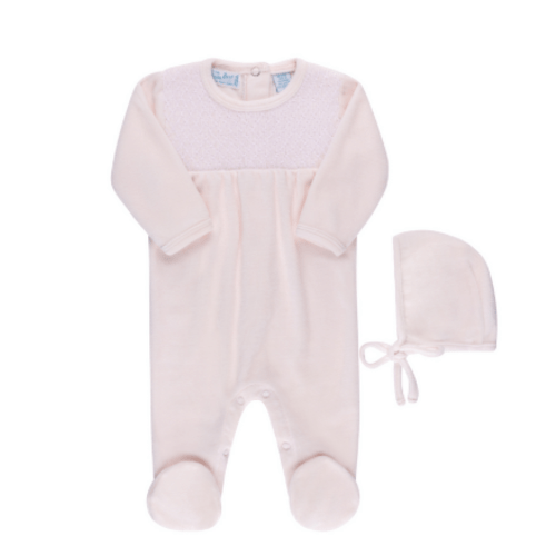 Velour Hand Smocked Romper With Bonnet