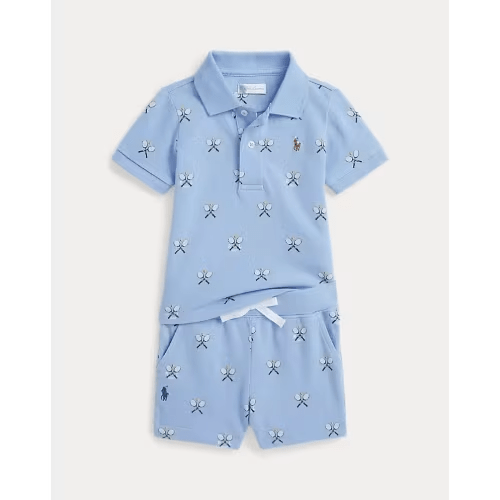 Tennis-Print Mesh Polo Shirt & Short Set - Size 3M