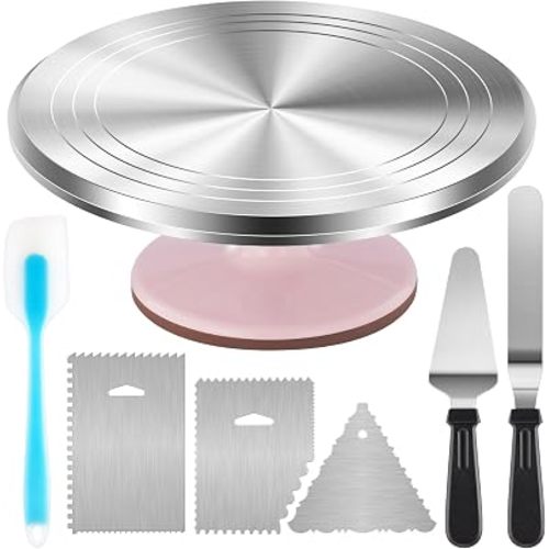 Kootek Aluminium Cake Turntable Set, Baking Tools with Revolving 12" Cake Stand for Decorating, 12.7" Offset Spatula, 3 Stainless Steel Frosting Icing Smoother, Cake Serve Cake Decorating Kit Supplies