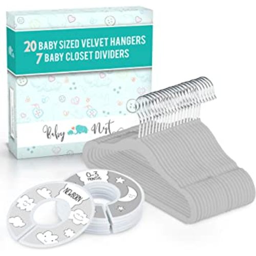 Baby Nest Designs 20x Baby Hangers for Closet with 7X Baby Closet Dividers for Nursery Velvet Baby Clothes Hangers Unisex Newborn Essentials Baby Size Organizer for Infant Clothing to 24 Months