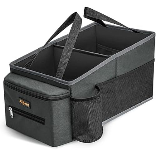 Car Back Seat Organizer - Road Trip Essentials Kids, Automotive Organization Car Accessories for Women Men Interior with Cup Holders, Tissue Box, Mesh Pockets, Grey