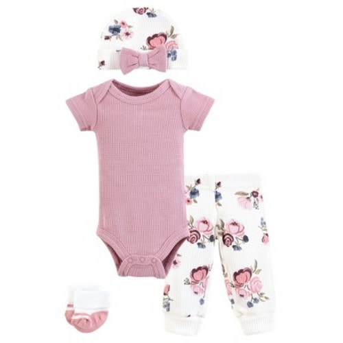 Hudson Baby Girls Thermal Preemie Layette Set 4pc Short Sleeve Outfit, Dusty Rose Floral, Preemie