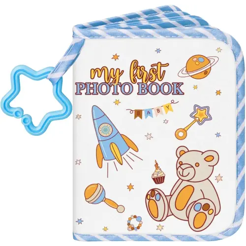 Lanpn Baby Photo Album Holds 17 4x6 Pictures, My First Soft Cloth Family Photo Book with Name Card & Name Tag Sticker, Fabric Kid Memory Keepsake Gift for Baby Shower Newborn Toddler Boy (Bear)