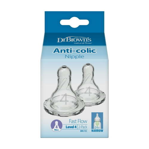 Dr. Brown's Natural Flow Level 4 Narrow Baby Bottle Silicone Nipple, Fast Flow, 9m+, 100% Silicone Bottle Nipple, 2 Pack