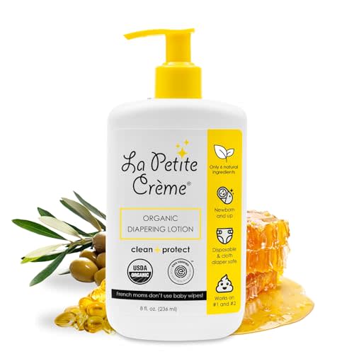 La Petite Creme French Premium Diapering Lotion - Diaper Cream Alternative to Baby Wipes - Gentle Moisturizer & Skin Cleanser with USDA Certified Organic Ingredients - Baby Essentials (8 oz)