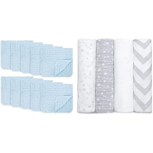 Comfy Cubs Muslin Burp Cloths Large 100% Cotton and Muslin Swaddle Blankets Bundled