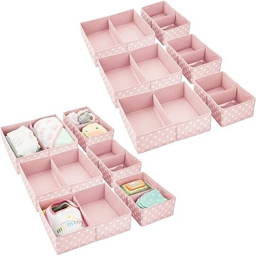 mDesign Fabric Drawer Organizer Bins, Kids/Baby Nursery Dresser, Closet, Shelf, Playroom Organization, Hold Clothes, Toys, Diapers, Bibs, Blankets, Set of 2, 6 Pack, Pink/White Polka Dot