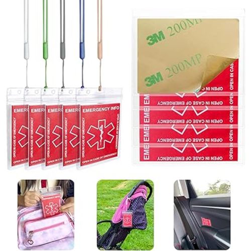Emergency Contact Card 12 Pack with 10 Card Sleeves - Child ID Card for Car Seat Safety Stickers and Backpack Tags for Kids - Life Alert for Travel,Camping,Medical Fokder,Daycare Essential