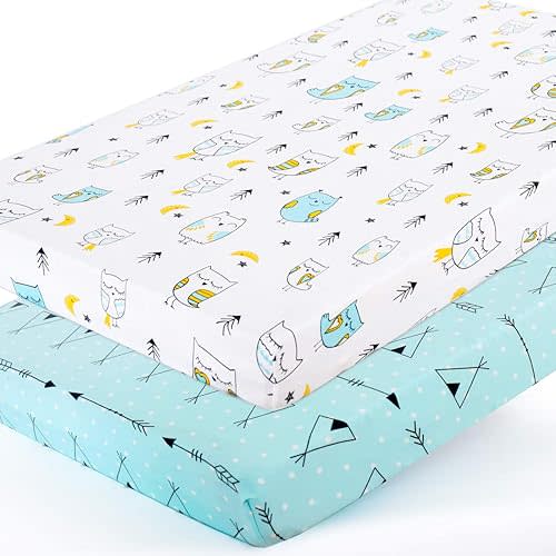 Pack n Play Sheets, BROLEX 2 Pack Mini Crib Sheets,Stretchy Portable Fitted Playard Sheet Set, Convertible Playard Mattress Cover,Ultra Soft Breathable Material,Arrow Owl