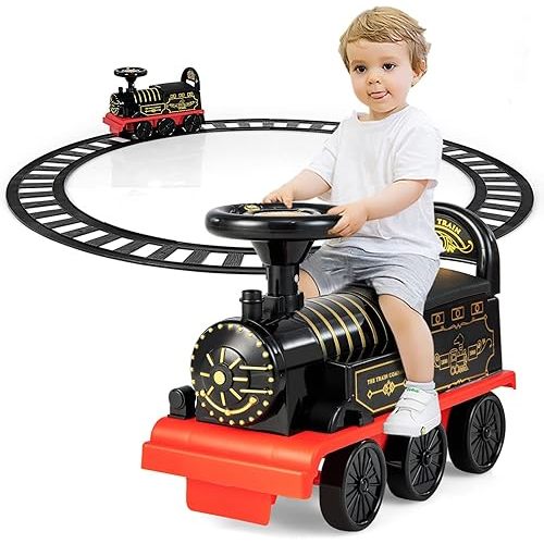 OLAKIDS Kids Ride On Train with Track, 6V Electric Toy with Lights and Sounds, Retractable Footrest, Under Seat Storage, Christmas Theme Battery Powered Gift for Toddlers Boys Girls (Retro Style)