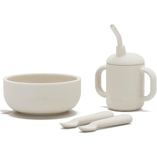 Lalo First Bites Silicone Baby Feeding Set - Baby Led Weaning Supplies - Non-Toxic Silicone - Includes 2 Spoons, Training Cup, & Suction Bowl - 4 Pieces - Oatmeal