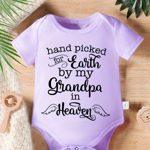 Graffiti Hand Picked By My Grandpa In Heaven &amp; Wings Graphic Print, Newborn Baby Girls&#39; Short Sleeve Crew Neck Romper For Spring &amp; Summer Indoor And Outdoor, Infant Girls&#39; Clothes