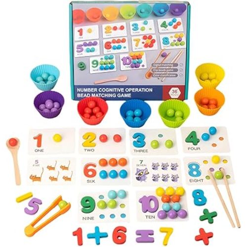 Montessori Arithmetic Math Toy Set, Toddler Wooden Montessori Toys for 1 2 3 4 5 6 Year Old, Number Cognitive Clip Bead Matching Game, Boy Girl Birthday Gift
