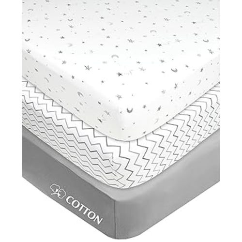 American Baby Company 3 Pack 100% Natural Cotton Fitted Mini Crib Sheets 38" x 24" - Soft & Breathable Small Nesting Portable Sheets, Fits Pack N Play Mattresses, Gray Star/Zigzag, for Boys & Girls