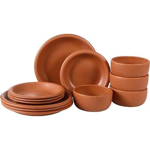 Bloomhouse - Two Time Oprah's Favorite Things Winner - Corsica Clay 12-Piece Stoneware Rustic Reactive Glaze Dinnerware Set - Stackable Plates Bowls Set Service for 4 - Matte Burnt Apricot Terracotta
