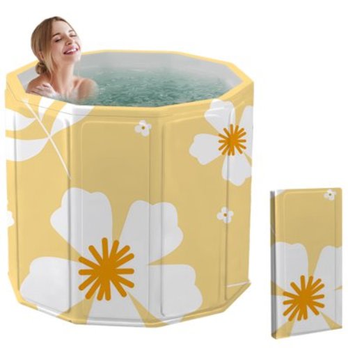 Foldable Bathtub for Adult Kids, No-Installation Portable Bath tub for Baby Swimming Bathing Sauna Soaking Tub, Yellow Flowers