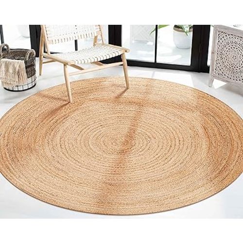 HOMIDATE Farmhouse Jute Area Rug 6 ft Round Natural Yarn, Rustic Vintage Beige Braided Reversible Rug, Eco Friendly Rugs for Bedroom, Kitchen, Living Room, Hand Woven Farmhouse 100% Jute Rug