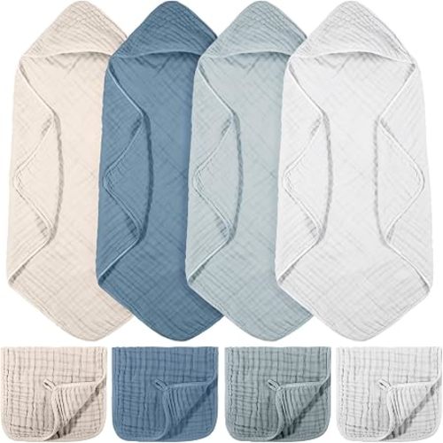 Muslin Hooded Bath Towels and Washcloths, Muslin Hooded Baby Towels Absorbent Blankets for Gift Newborn Infant Shower (Blue,White)