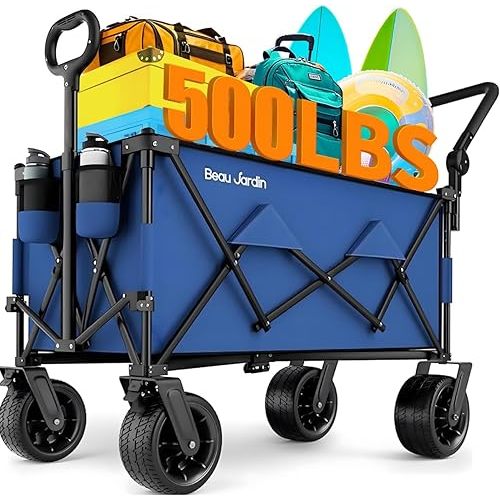 BEAU JARDIN Folding Push & Pull Beach Wagon 500 lbs Collapsible Foldable Wagons with Push Handle All Terrain Wheels Grocery Utility Camping Sports Garden Wagon Cart Blue