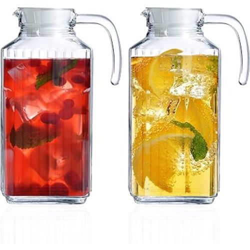 Glass Pitcher with Lid – Set of 2 Glass Water Pitcher 55Oz – Cold Carafe for Ice Tea, Water, Lemonade, Coffee – Elegant and Modern – Practical Spout Pitchers for Drinks