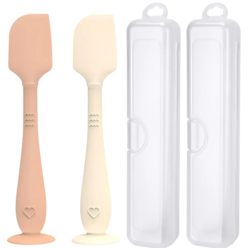 2 Pack Diaper Cream Spatula with Hygienic Travel Case, Butt Spatula Baby with Suction Base, Baby Butt Paste Spatula, Soft Silicone Diaper Rash Cream Applicator Large Size (Brown & Offwhite)