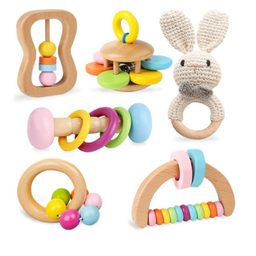 6 PCS Wooden Baby Rattle, Organic Colorful Baby Hand Rattles Set, Wood Rattles for Babies 0-6-12 Months, Wooden Teether Crochet Rattle Toy for Newborn Infant, Montessori Toys for Babies 0-6 Months