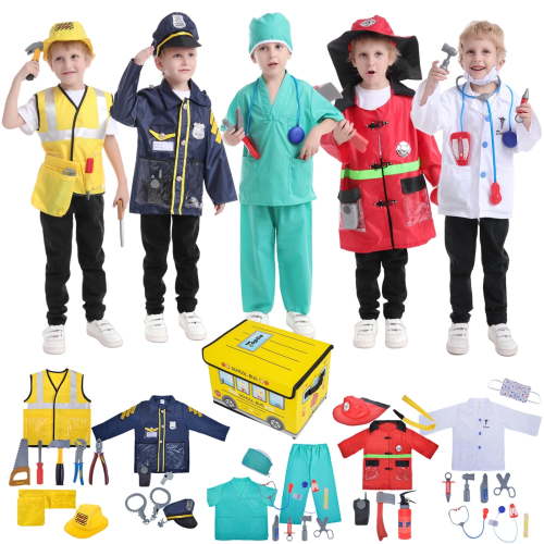 Toptie 5-in-1 Preschool Dress-Up Costumes: Doctor, Surgeon, Firefighter, Police, Construction Sets for Boys and Girls